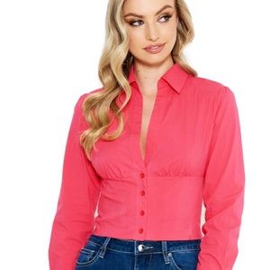BEBE LONG SLV POPLIN LACE BACK TOP